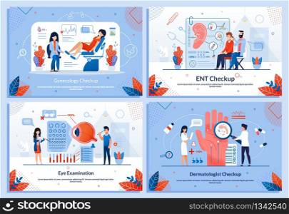 Important Medical Checkup Promotion Banner Flat Set. Cartoon Doctor in Uniform and Patient Characters Communication. Gynecology, ENT, Dermatology, Eye Examination. Vector Text Illustration. Important Medical Checkup Promotion Banner Set
