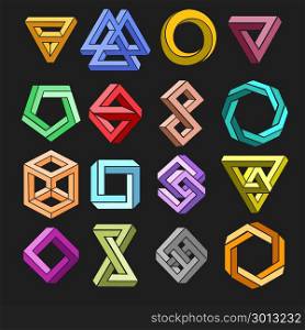 Impossible 3D shape set. Impossible shape set. Vector 3d geometry surrealistic paradox undecided shapes isolated on black background