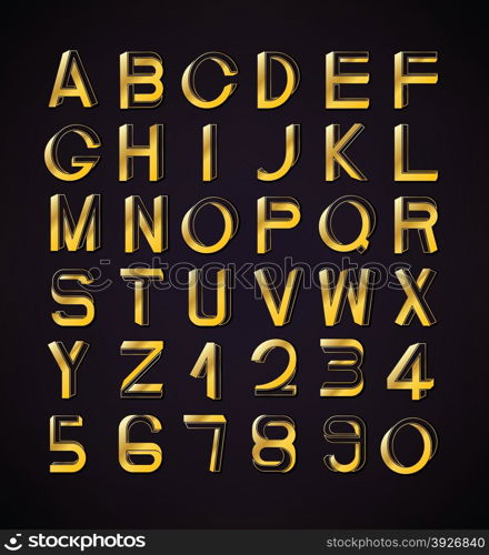 Impossible font set, including numerals. Golden gradients with thin lines.