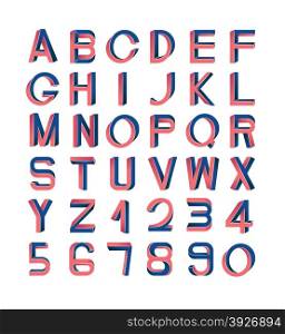 Impossible font set, including numerals. Red and blue gradients, white striped edges.