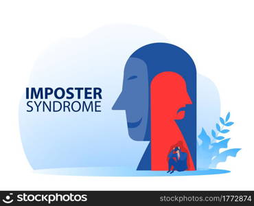 Imposter syndrome. businessman sitting sad with mask happy and Anxiety and lack of self confidence at work; the person fakes is someone else concept