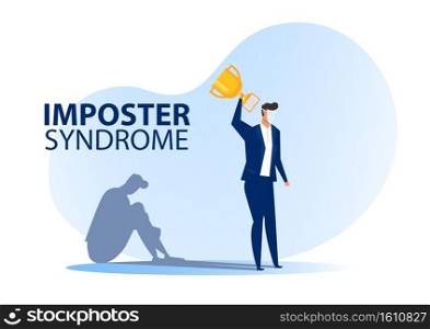  Imposter syndrome.man standing for her present profile with fear shadow behind. Anxiety and lack of self confidence at work  the person fakes is someone else concept