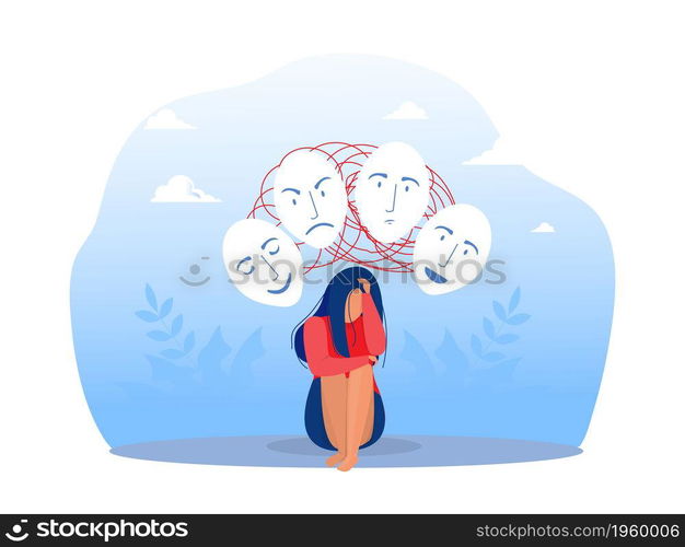 Imposter syndrome, masks with happy or sad expressions.Bipolar disorder, fake faces and emotions. Psychology, false behavior or deceiver.vector illustrator