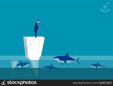 Impostor syndrome chalk icon. Sad man on on wall in the middle of the sea team surrounded by sharks. Psychological problem. Mental issue.illustration