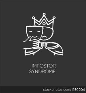 Impostor syndrome chalk icon. Sad man with smile mask. Fraud, doubt. Impostorism experience. Hypocrisy. Jester disguise. Psychological problem. Mental issue. Isolated vector chalkboard illustration