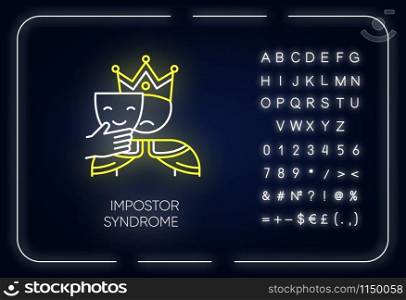 Impostor syndrome neon light icon. Sad man with smile mask. Fraud, doubt. Impostorism experience. Hypocrisy. Mental issue. Glowing sign with alphabet, numbers and symbols. Vector isolated illustration