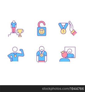 Impostor syndrome RGB color icons set. psychological problem. Feeling uncertain and unhappy. Doubting in abilities. Isolated vector illustrations. Simple filled line drawings collection. Impostor syndrome RGB color icons set