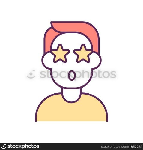 Impressed person RGB color icon. Excited about new things and products. Reason to buy more. Staring at new purchases. Excessive consumerism. Isolated vector illustration. Simple filled line drawing. Impressed person RGB color icon