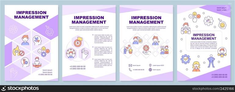 Impression management brochure template. Practical steps. Leaflet design with linear icons. 4 vector layouts for presentation, annual reports. Arial-Black, Myriad Pro-Regular fonts used. Impression management brochure template