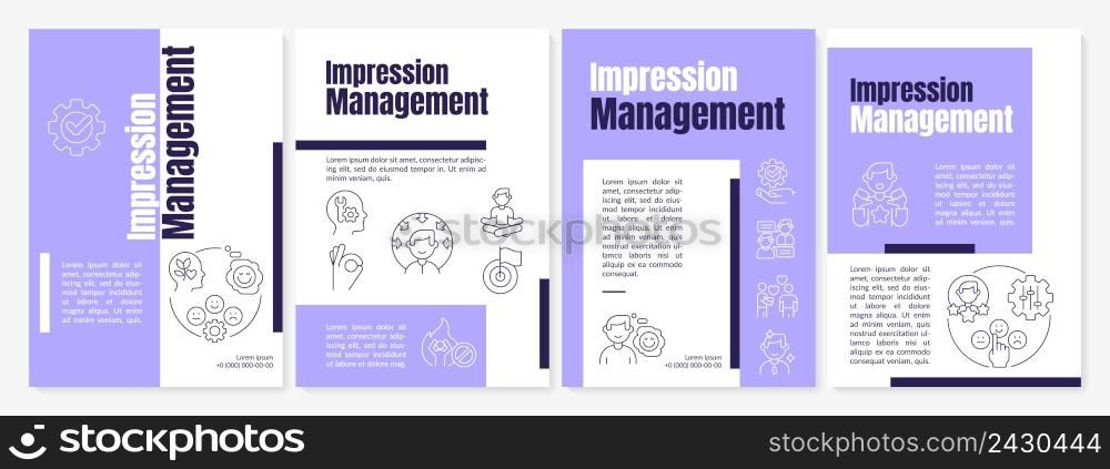 Impression management purple brochure template. Practical steps. Leaflet design with linear icons. 4 vector layouts for presentation, annual reports. Anton, Lato-Regular fonts used. Impression management purple brochure template
