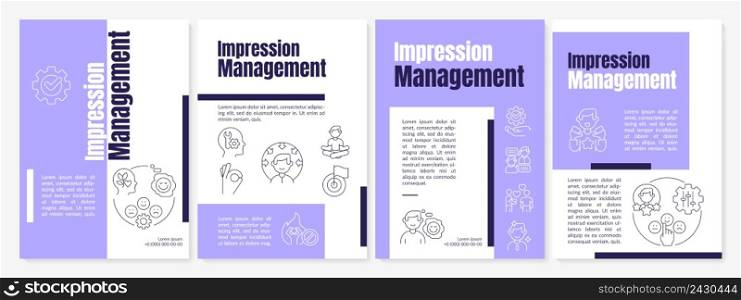 Impression management purple brochure template. Practical steps. Leaflet design with linear icons. 4 vector layouts for presentation, annual reports. Anton, Lato-Regular fonts used. Impression management purple brochure template