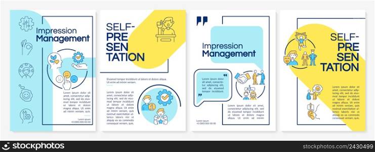Impression management techniques blue and yellow brochure template. Leaflet design with linear icons. 4 vector layouts for presentation, annual reports. Questrial, Lato-Regular fonts used. Impression management techniques blue and yellow brochure template