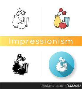 Impressionism icon. Vase and fruit composition. 19th century french cultural movement. Still life painting. Linear black and RGB color styles. Isolated vector illustrations. Impressionism icon