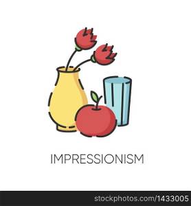 Impressionism RGB color icon. Vase and fruit composition. 19th century french cultural movement. Still life painting. Isolated vector illustration. Impressionism RGB color icon