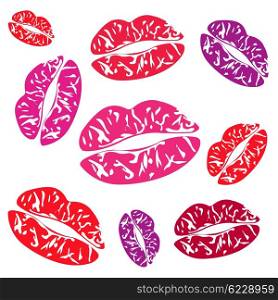 Imprint of the feminine lips on white background. Imprint of the feminine lips