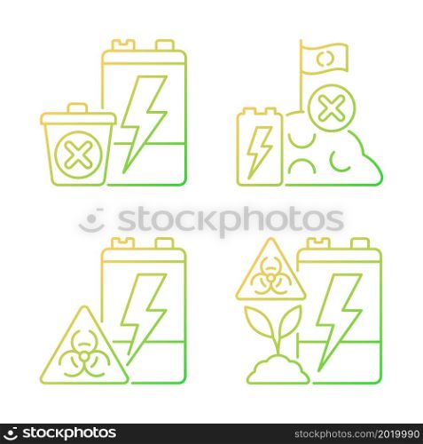 Improper battery disposal gradient linear vector icons set. E-waste prohibited landfill. Accumulator toxicity and harm. Thin line contour symbols bundle. Isolated outline illustrations collection. Improper battery disposal gradient linear vector icons set
