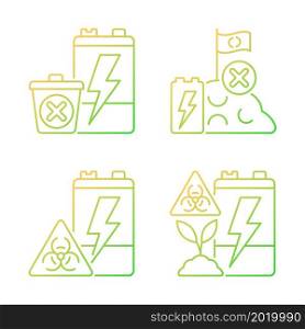 Improper battery disposal gradient linear vector icons set. E-waste prohibited landfill. Accumulator toxicity and harm. Thin line contour symbols bundle. Isolated outline illustrations collection. Improper battery disposal gradient linear vector icons set