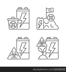 Improper battery disposal linear icons set. E-waste prohibited landfill. Accumulator toxicity and harm. Customizable thin line contour symbols. Isolated vector outline illustrations. Editable stroke. Improper battery disposal linear icons set