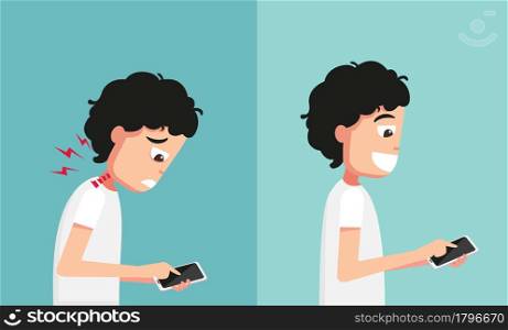 Improper vs proper hand holding and playing smart phone illustration vector