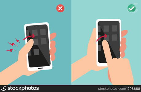 Improper vs proper hand holding and touching smart phone illustration,vector