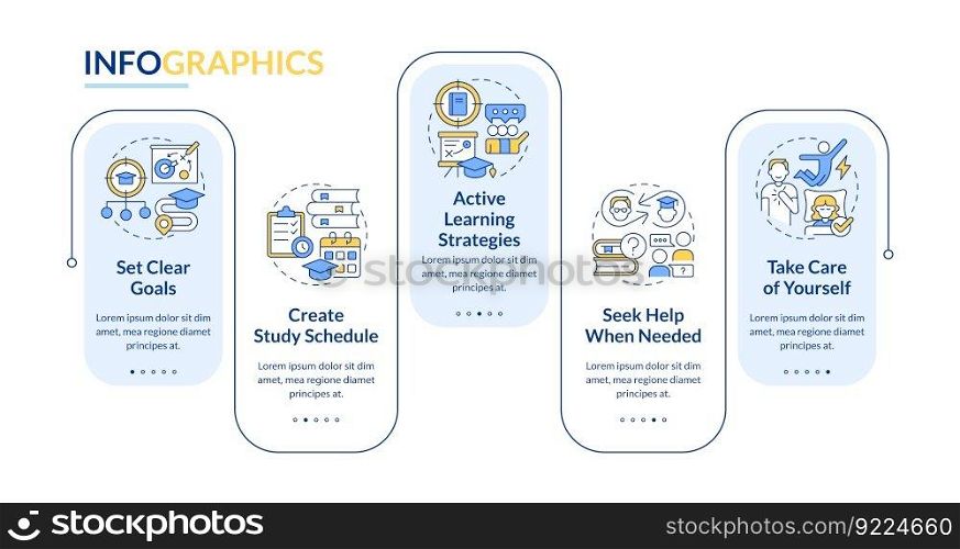 Improve academic performance rectangle infographic template. Data visualization with 5 steps. Editable timeline info chart. Workflow layout with line icons. Lato-Bold, Regular fonts used. Improve academic performance rectangle infographic template