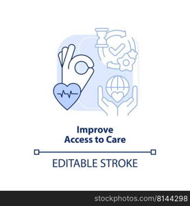 Improve access to care light blue concept icon. Building better health system abstract idea thin line illustration. Isolated outline drawing. Editable stroke. Arial, Myriad Pro-Bold fonts used. Improve access to care light blue concept icon