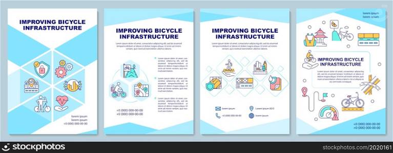 Improve bicycle infrastructure brochure template. Public bike share. Flyer, booklet, leaflet print, cover design with linear icons. Vector layouts for presentation, annual reports, advertisement pages. Improve bicycle infrastructure brochure template