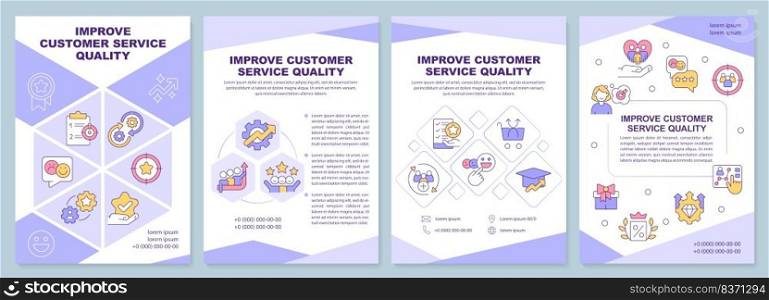 Improve customer service quality purple brochure template. Leaflet design with linear icons. Editable 4 vector layouts for presentation, annual reports. Arial-Black, Myriad Pro-Regular fonts used. Improve customer service quality purple brochure template