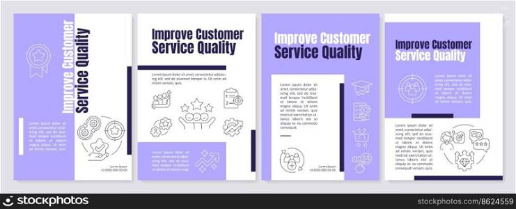 Improve customer service quality ways purple brochure template. Leaflet design with linear icons. Editable 4 vector layouts for presentation, annual reports. Anton, Lato-Regular fonts used. Improve customer service quality ways purple brochure template
