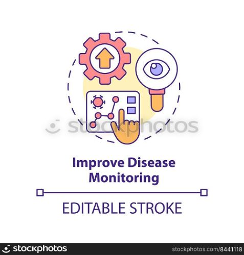Improve disease monitoring concept icon. Illness surveillance. Pandemic prevention abstract idea thin line illustration. Isolated outline drawing. Editable stroke. Arial, Myriad Pro-Bold fonts used. Improve disease monitoring concept icon