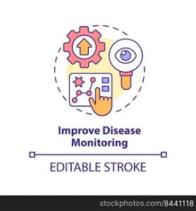 Improve disease monitoring concept icon. Illness surveillance. Pandemic prevention abstract idea thin line illustration. Isolated outline drawing. Editable stroke. Arial, Myriad Pro-Bold fonts used. Improve disease monitoring concept icon