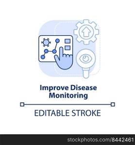 Improve disease monitoring light blue concept icon. Pandemic prevention abstract idea thin line illustration. Isolated outline drawing. Editable stroke. Arial, Myriad Pro-Bold fonts used. Improve disease monitoring light blue concept icon