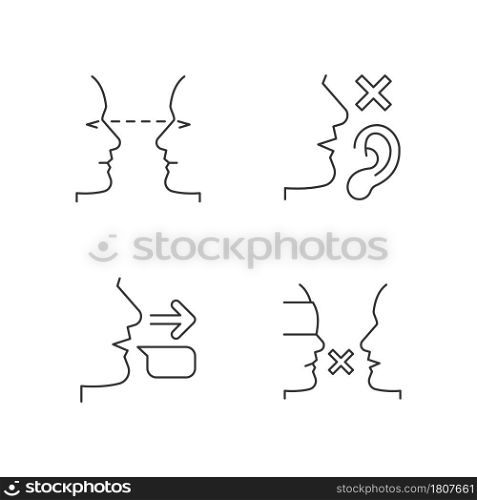 Improve everyday communication linear icons set. Eye contact. Language disabilities. Message sender. Customizable thin line contour symbols. Isolated vector outline illustrations. Editable stroke. Improve everyday communication linear icons set