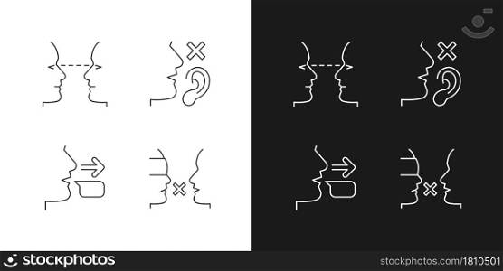 Improve everyday communication linear icons set for dark and light mode. Eye contact. Language disabilities. Customizable thin line symbols. Isolated vector outline illustrations. Editable stroke. Improve everyday communication linear icons set for dark and light mode