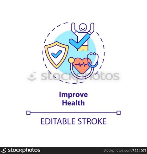 Improve health concept icon. Annual checkup benefits abstract idea thin line illustration. Regular doctor examination. Healthcare. Vector isolated outline color drawing. Editable stroke. Improve health concept icon