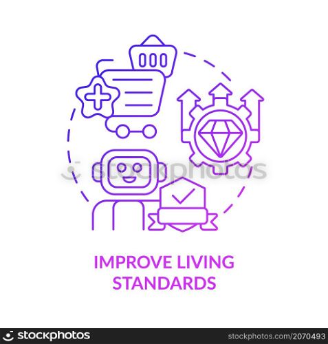 Improve living standards purple gradient concept icon. Impact of automation abstract idea thin line illustration. Isolated outline drawing. Editable stroke. Roboto-Medium, Myriad Pro-Bold fonts used. Improve living standards purple gradient concept icon