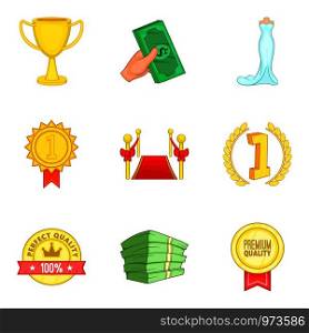 Improve luck icons set. Cartoon set of 9 improve luck vector icons for web isolated on white background. Improve luck icons set, cartoon style