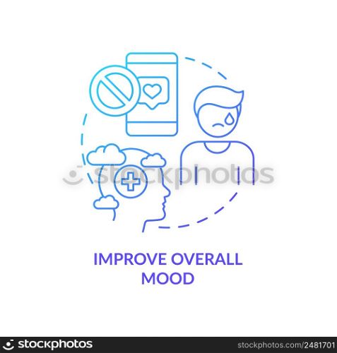 Improve overall mood blue gradient concept icon. Developing depression. Social media detox reason abstract idea thin line illustration. Isolated outline drawing. Myriad Pro-Bold font used. Improve overall mood blue gradient concept icon