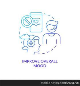 Improve overall mood blue gradient concept icon. Developing depression. Social media detox reason abstract idea thin line illustration. Isolated outline drawing. Myriad Pro-Bold font used. Improve overall mood blue gradient concept icon
