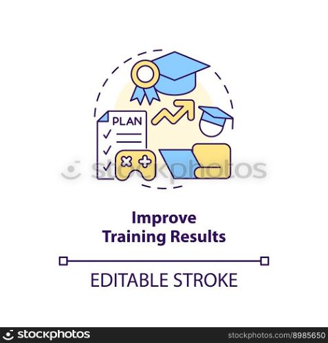 Improve training results concept icon. Gamification in corporate education abstract idea thin line illustration. Isolated outline drawing. Editable stroke. Arial, Myriad Pro-Bold fonts used. Improve training results concept icon