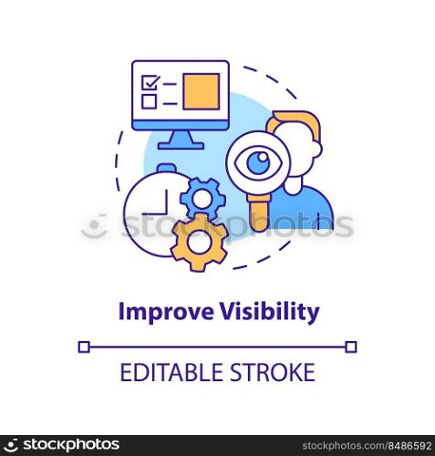 Improve visibility concept icon. Addressing covid impact on logistics abstract idea thin line illustration. Isolated outline drawing. Editable stroke. Arial, Myriad Pro-Bold fonts used. Improve visibility concept icon