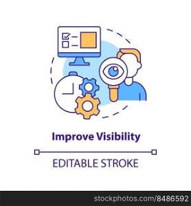 Improve visibility concept icon. Addressing covid impact on logistics abstract idea thin line illustration. Isolated outline drawing. Editable stroke. Arial, Myriad Pro-Bold fonts used. Improve visibility concept icon