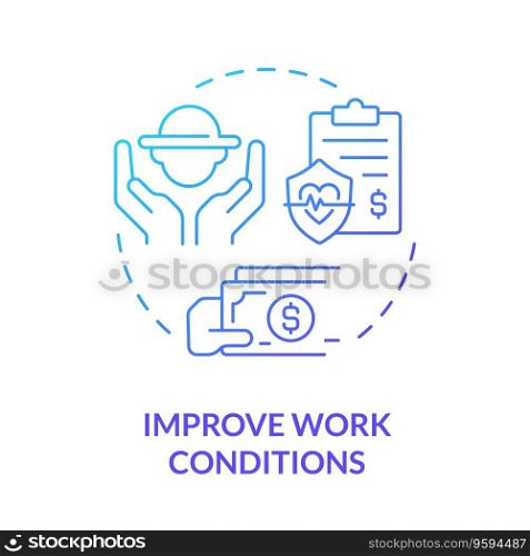 Improve work conditions blue gradient concept icon. Worker protection. Medical insurance. Farm industry. Safe environment. Round shape line illustration. Abstract idea. Graphic design. Easy to use. Improve work conditions blue gradient concept icon