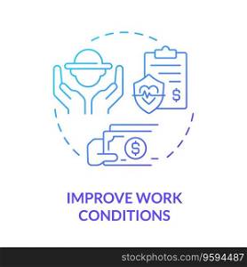 Improve work conditions blue gradient concept icon. Worker protection. Medical insurance. Farm industry. Safe environment. Round shape line illustration. Abstract idea. Graphic design. Easy to use. Improve work conditions blue gradient concept icon