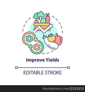 Improve yields concept icon. Crop and fertility. Shift to regenerative culture abstract idea thin line illustration. Isolated outline drawing. Editable stroke. Arial, Myriad Pro-Bold fonts used. Improve yields concept icon