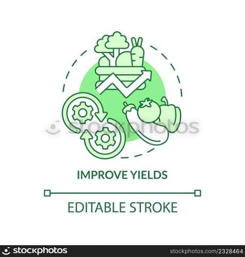 Improve yields green concept icon. Crop and fertility. Shift to regenerative culture abstract idea thin line illustration. Isolated outline drawing. Editable stroke. Arial, Myriad Pro-Bold fonts used. Improve yields green concept icon