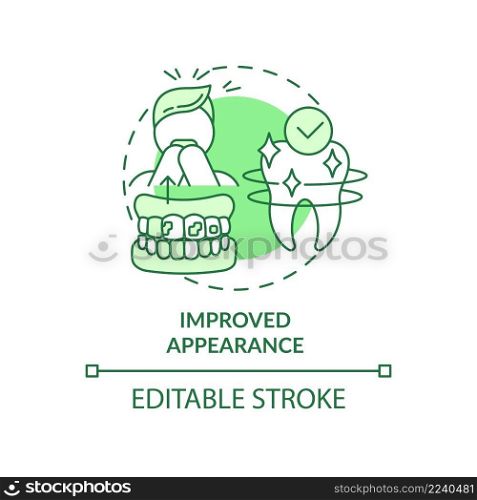 Improved appearance green concept icon. Cosmetic dentistry abstract idea thin line illustration. Deep dental cleaning. Isolated outline drawing. Editable stroke. Arial, Myriad Pro-Bold fonts used. Improved appearance green concept icon