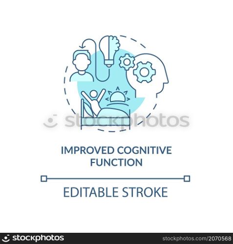 Improved cognitive functions turquoise concept icon. Awakening early morning abstract idea thin line illustration. Isolated outline drawing. Editable stroke. Roboto-Medium, Myriad Pro-Bold fonts used. Improved cognitive functions turquoise concept icon