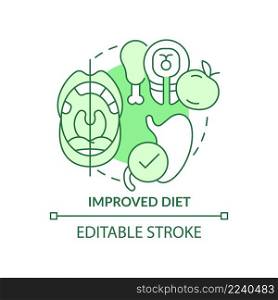 Improved diet green concept icon. Tooth enhancement benefit abstract idea thin line illustration. Healthy nutrition. Isolated outline drawing. Editable stroke. Arial, Myriad Pro-Bold fonts used. Improved diet green concept icon