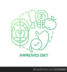 Improved diet green gradient concept icon. Tooth enhancement benefit abstract idea thin line illustration. Enhancing eating habits. Isolated outline drawing. Myriad Pro-Bold font used. Improved diet green gradient concept icon